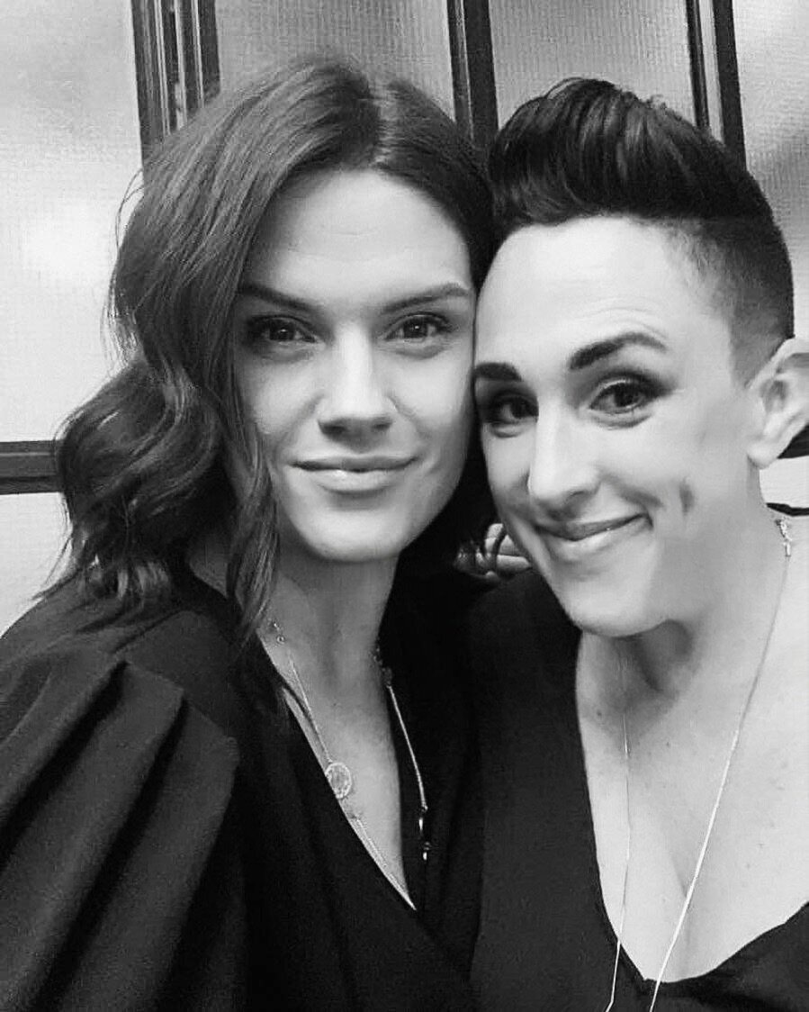 Black and white selfie of Erin and Erica Margan cheek to cheek