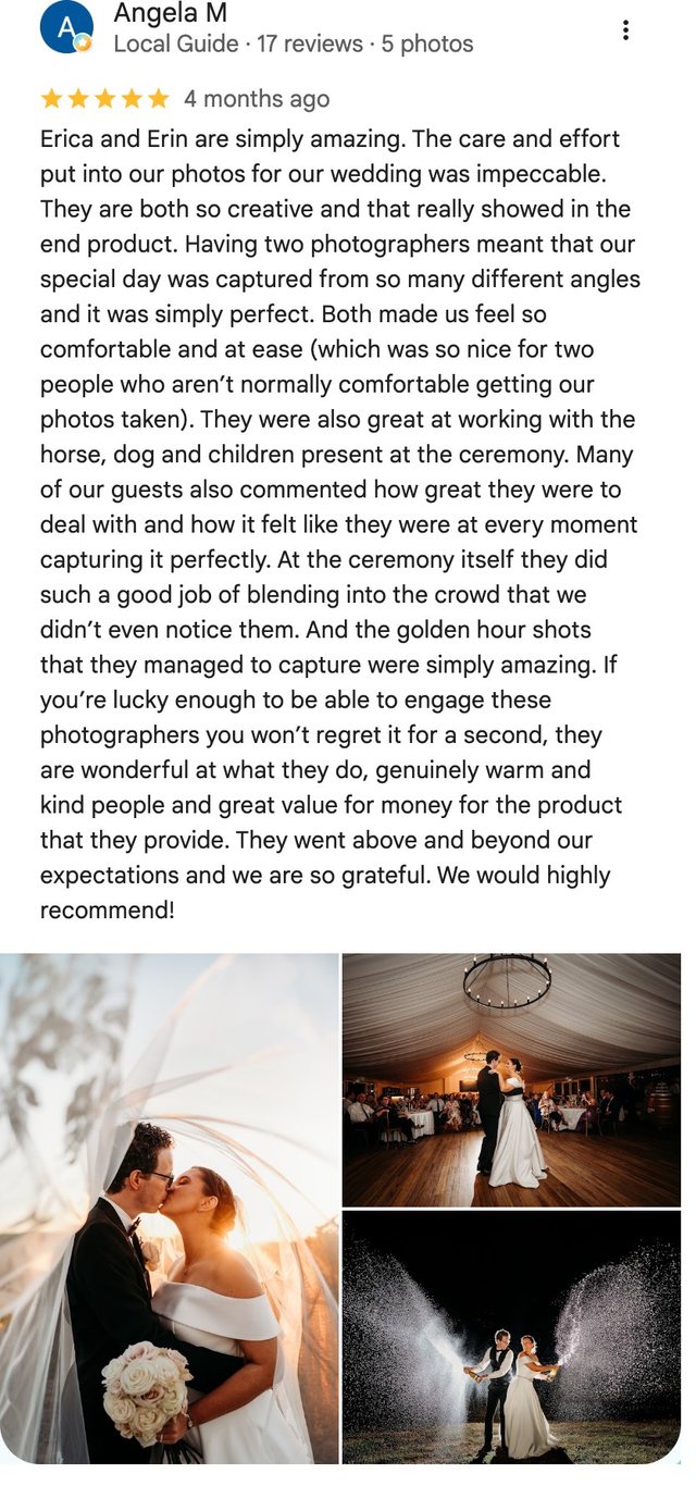 Five-star Google review from Angela M